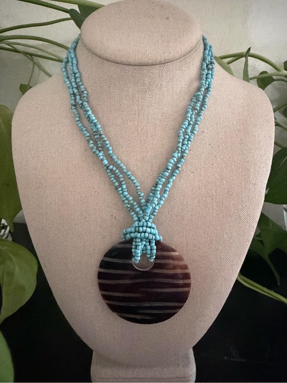 Vintage Native Genuine Raw Turquoise Beads Multi-Strand Shell Pendant Necklace